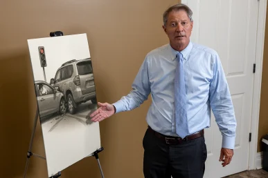 Personal injury lawyer tom mccutcheon reviews exhibits for an upcoming distracted driving accident case.